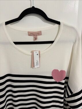 Philosophy cream, black and pink striped sweater with heart